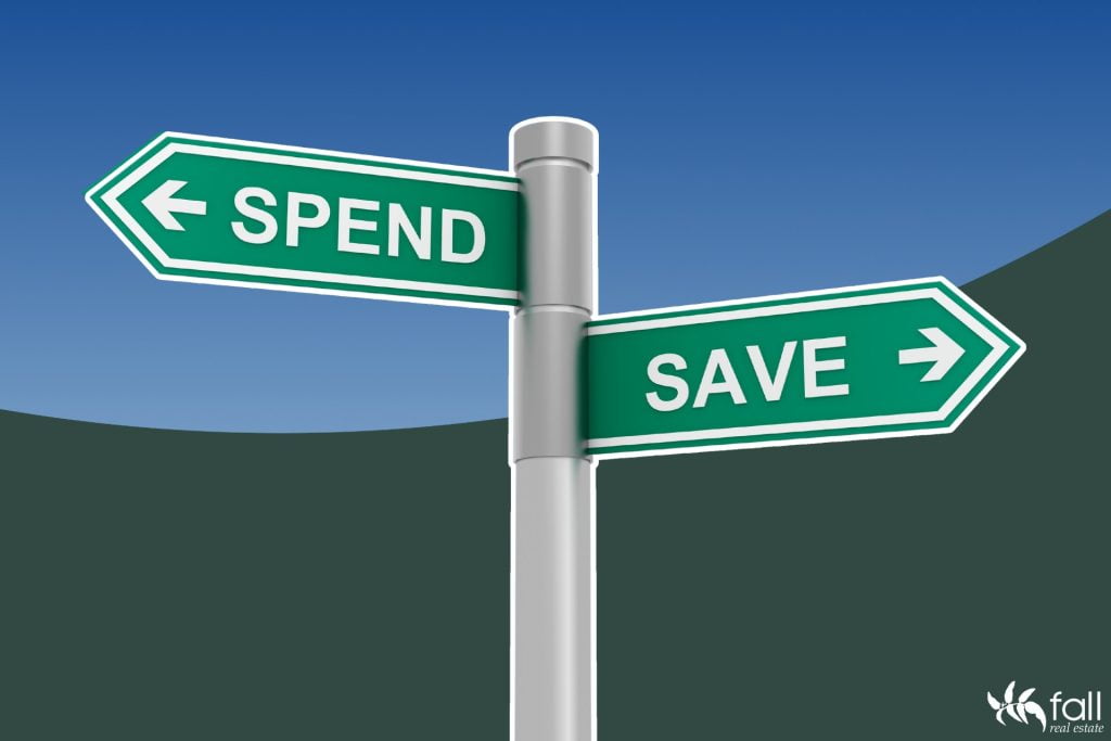 Image for blog: Creative tips to save for a house deposit. Image depicts a street sign with one arrow titled "spend" pointing left, and another arrow titled "save" pointing right