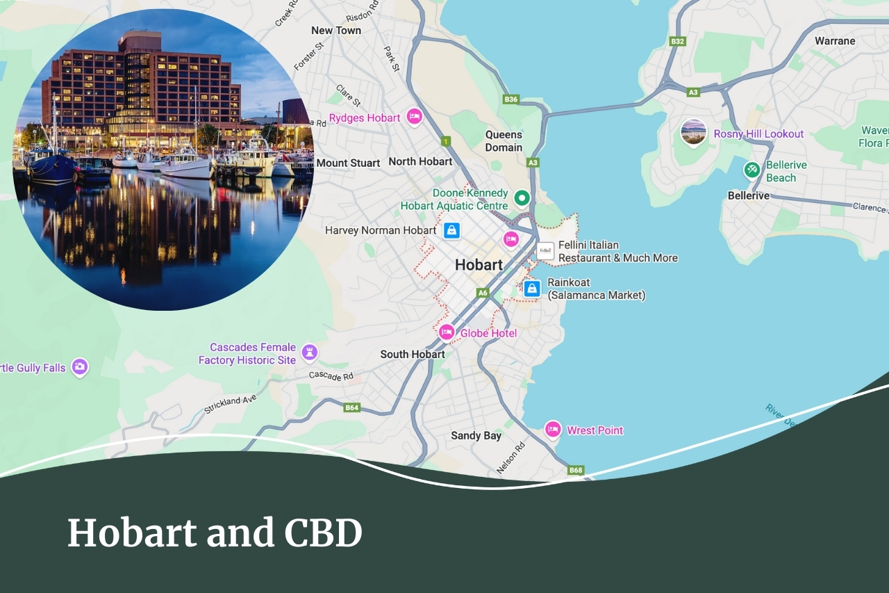 Map of the City of Hobart and the CBD | Fall Real Estate. Southern Tasmanian suburbs and towns