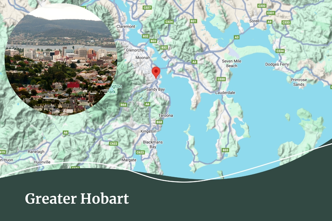 Map of Greater Hobart and an image showing the vibrant city of Hobart. Southern Tasmanian suburbs and towns.